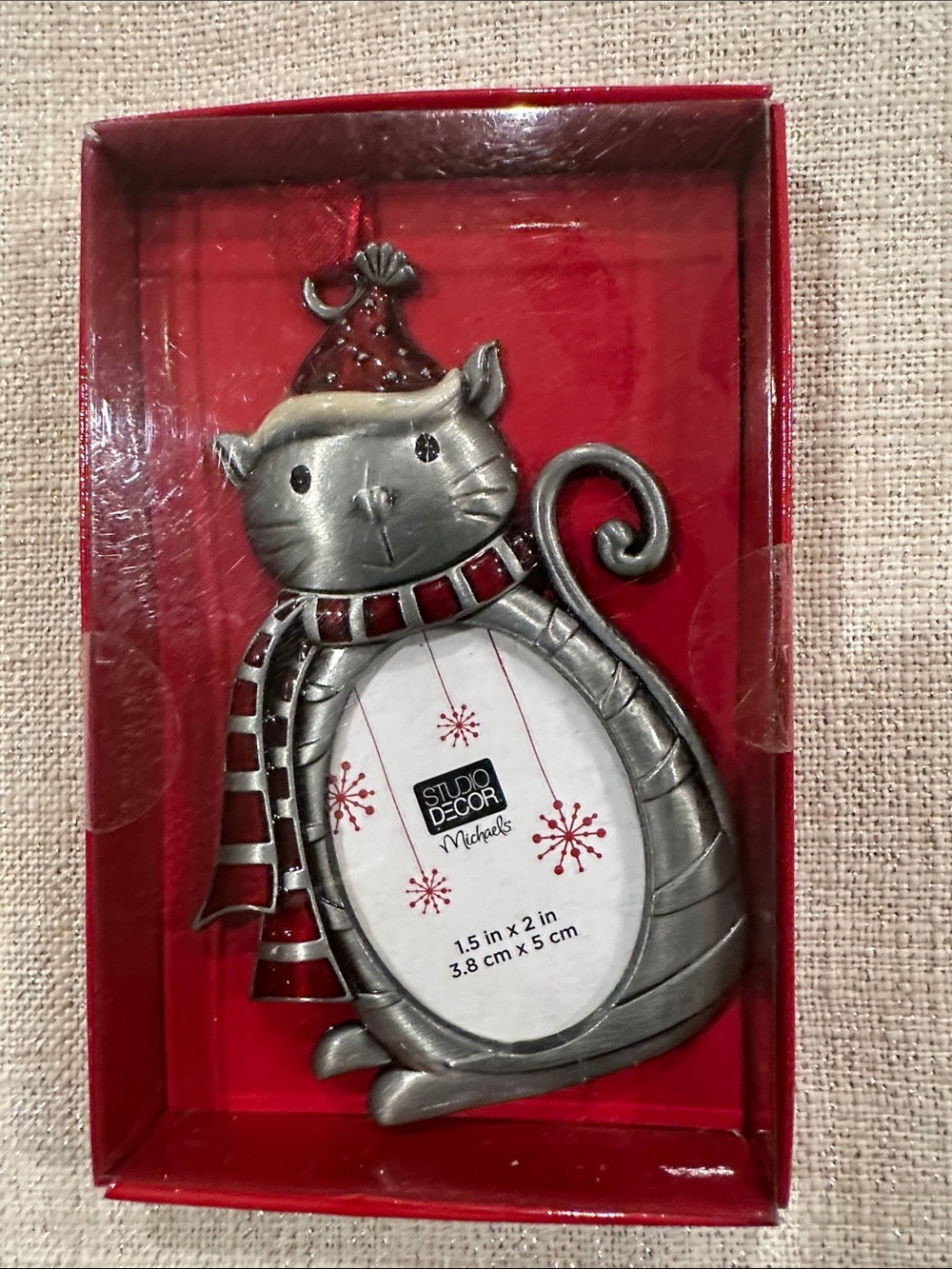 Studio Decor Silver tone Cat Frame ornament with Red Accents